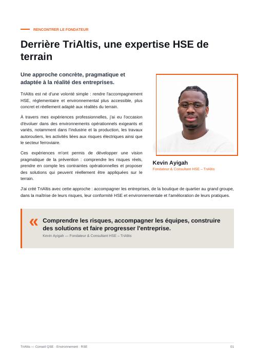 Page 2 de la brochure TriAltis : Rencontrer le fondateur